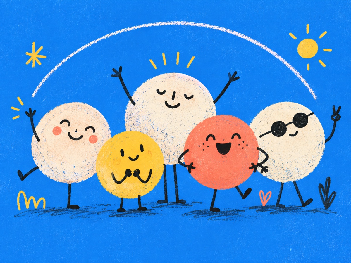 Five cheerful hand-drawn circle characters together
