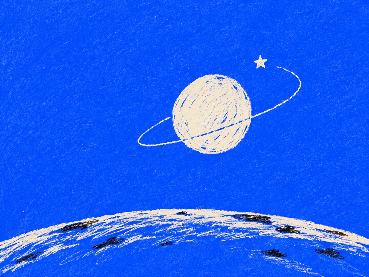 A hand-drawn circle orbiting above a curved horizon